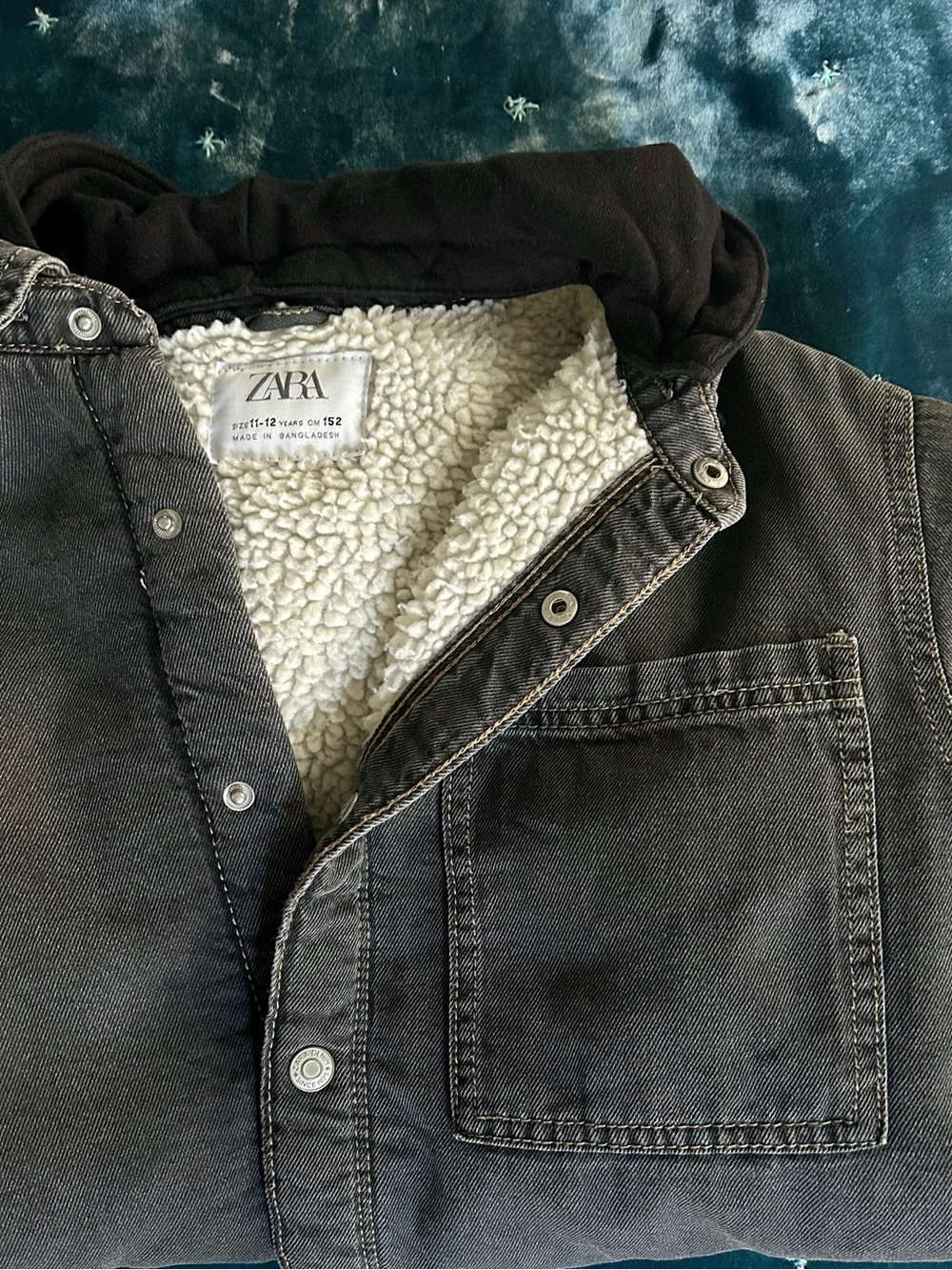 ZARA Boys Sherpa-Lined Hooded Denim Jacket in Charcoal Gray